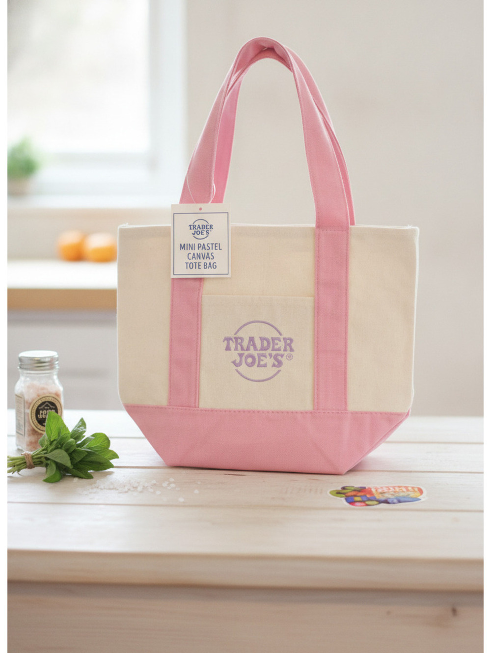 Trader Joe's Mini Pastel Canvas Tote Bag Pink and Cream